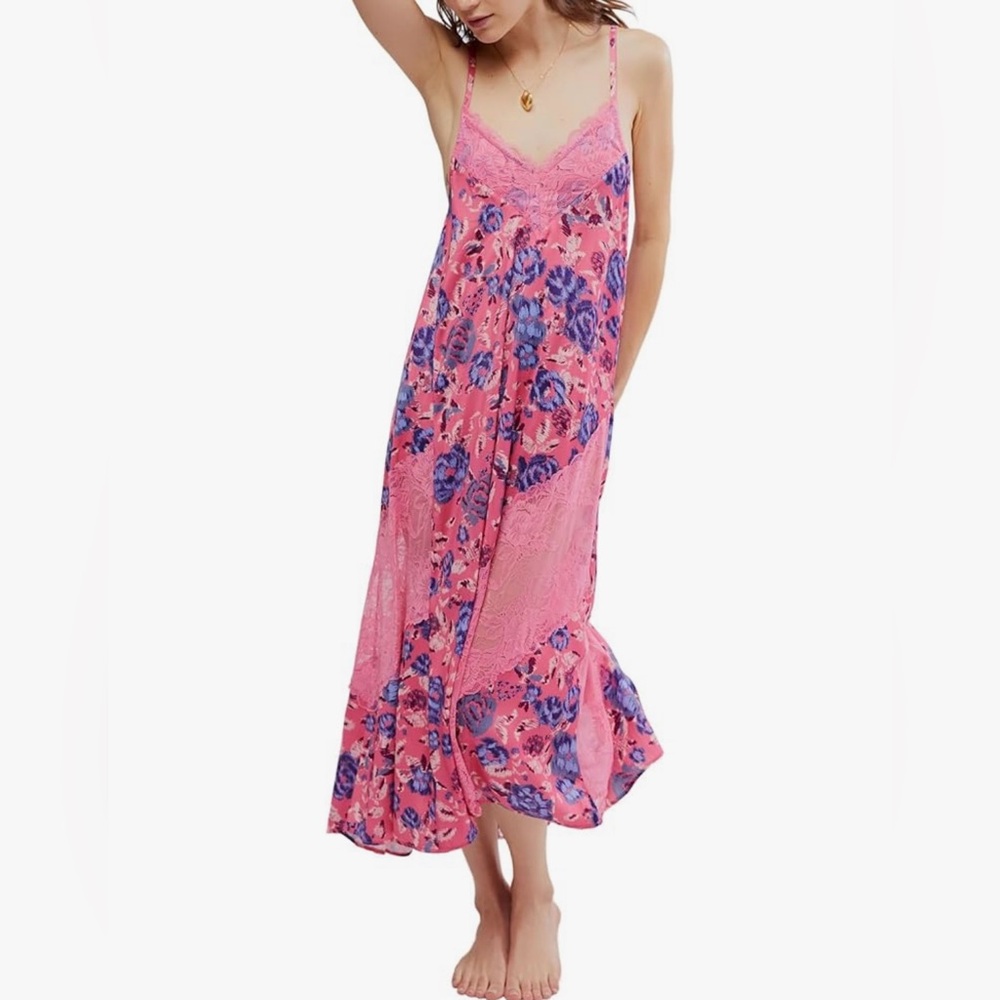 FREE PEOPLE First Date Printed Maxi Slip Dress / Sweet Pink Combo XS
